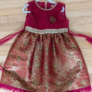 April Cornell Red Velvet Dress with Gold Trim